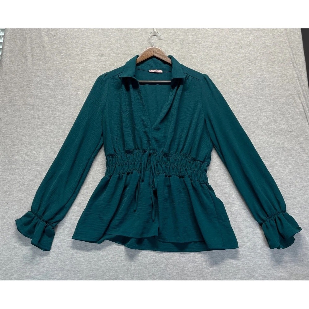 Rose And Grey Peplum Blouse Top Womens L Emerald Green Smocked Waist Ruffle Cuff